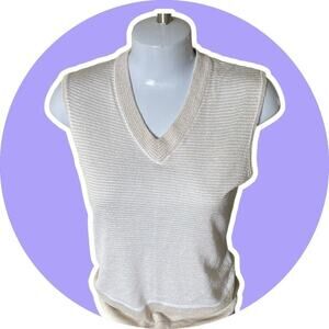 Vintage 90s Halston Womens Sleeveless Summer Knit Top White Cream Stripe M L